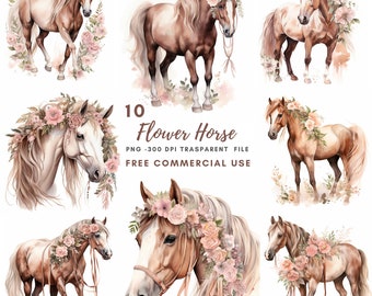 May include: Ten watercolor illustrations of horses with floral crowns. The horses are brown and white with pink flowers and greenery in their manes and around their necks. The text "10 Flower Horse" is in the center of the image.