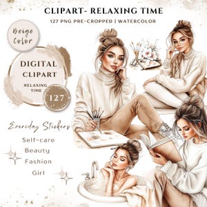 Acquerello Relaxing Time Donna Clipart PNG,Bundle 127 Alta Qualità/Beige Bella Ragazza,Adesivi Stampabili Goodnotes, Download Digitale /657