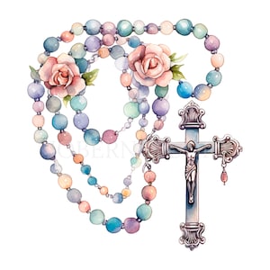 Pacchetto di clipart rosario fiore 15 PNG di alta qualità, acquerello croce, download digitale, creazione di cartoline, supporti misti, artigianato in carta digitale/ 71