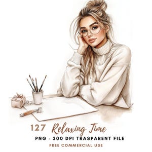 Acquerello Relaxing Time Donna Clipart PNG,Bundle 127 Alta Qualità/Beige Bella Ragazza,Adesivi Stampabili Goodnotes, Download Digitale /657