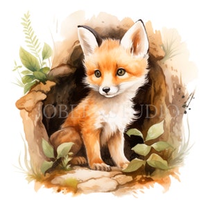 Bébé renard dans la tanière Clipart PNG, lot de 15 JPG haute qualité, téléchargement numérique, autocollants, fabrication de cartes, techniques mixtes, créations numériques en papier | 78