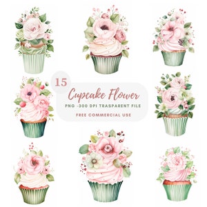 Clipart cupcake fiore, bundle 15 PNG di alta qualità, cupcake floreale acquerello, download digitale, creazione di cartoline, supporti misti, creazione di carta digitale/306