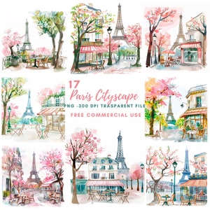 Parigi Cityscape Clipart PNG, Bundle 17 alta qualità, Città dell'acquerello Parigi, Adesivi stampabili, Download digitale, Creazione di cartoline, Supporti misti/ 284