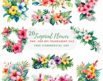 Tropical Garland Clipart Bundle 20 High Quality PNG,Watercolor Floral Border, Stickers,Digital Download,Card Making,Digital Paper Craft| 245