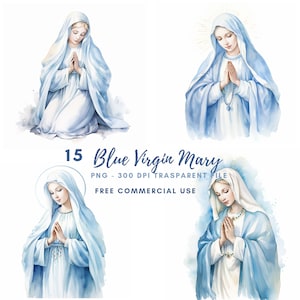 Clipart Vergine Maria, bundle 15 PNG di alta qualità, acquerello blu Nostra Signora, download digitale, adesivi stampabili, artigianato in carta digitale/ 485