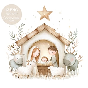 Lot de 12 cliparts Nativité PNG haute qualité, aquarelle Nativité sacrée famille, Jésus-Christ, Marie et Joseph, autocollants imprimables Goodnotes | 607