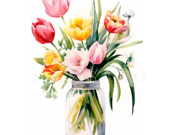 Puede incluir: Un ramo de tulipanes rosas, amarillos y rojos en un jarrón de vidrio transparente. Los tulipanes están dispuestos en un jarrón con tallos y hojas verdes.