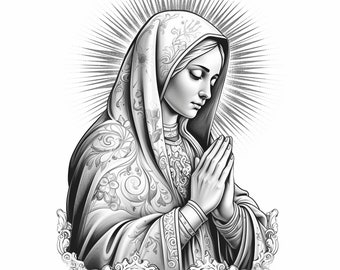 Puede incluir: Una ilustración en blanco y negro de la Virgen María con las manos juntas en oración. Lleva una larga túnica fluida con intrincados diseños florales. Un halo de luz rodea su cabeza.