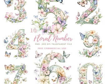 May include: Watercolor floral numbers 0-9, each adorned with flowers and butterflies in pastel colors. The numbers are surrounded by greenery and butterflies. The text "Floral Number" is also present.