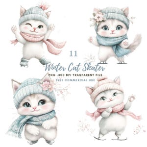 Winter Cat Clipart PNG Bundle 11 High Quality | Winter Skater Cute Cat ...