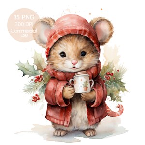 Kerstmuis Clipart PNG, bundel 15 hoogwaardige JPG's, digitale download, kaart maken, gemengde media, digitale papierkunst | 15