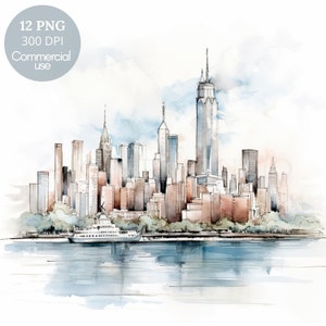 New York Skyline Clipart PNG,Bundle 12 alta qualità,Inchiostro nero paesaggio urbano,Adesivi stampabili,Download digitale,Creazione di cartoline,Supporti misti/430