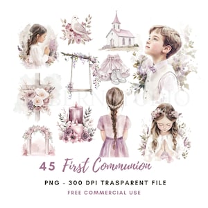 Clipart de rosa polvorienta de primera comunión (PNG)/Paquete de acuarela 45/ Niña y niño rezando con rosa/Descarga digital/Pegatinas imprimibles Goodnotes/786