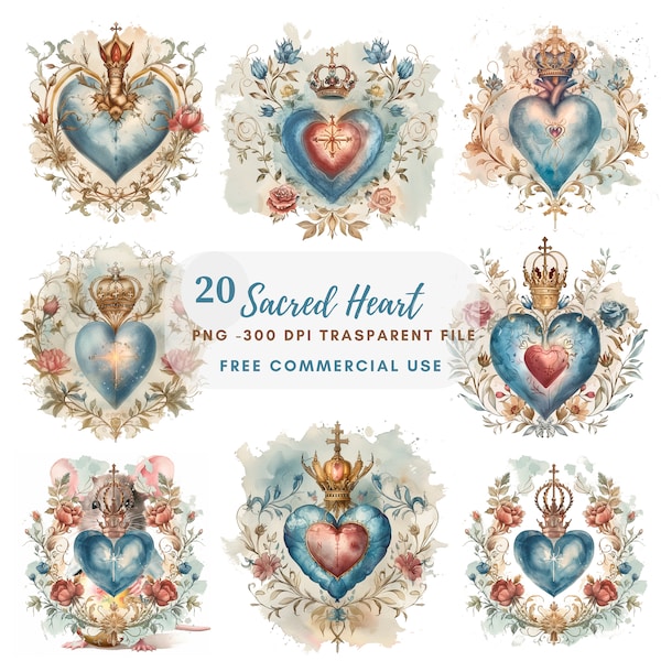 Sacred Heart Clipart Bundle 20 High Quality PNG, Watercolor Jesus Mary, Digital Download,Card Making,Mixed Media,Digital Paper Craft| 233