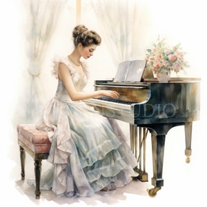 Femme victorienne jouer du piano Clipart PNG, lot de 15 JPG haute qualité, téléchargement numérique, fabrication de cartes, création numérique en papier, autocollants imprimables | 138