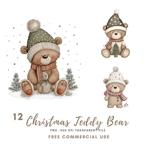 Könnte beinhalten: Aquarellillustrationen von Weihnachtsteddybären. Die Bären tragen Wintermützen und Schals. Einer der Bären sitzt im Schnee mit kleinen Kiefern. Der Text "12 Christmas Teddy Bear" ist im Bild enthalten.