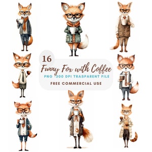 Verrückter Fuchs Clipart PNG Bundle 16 hohe Qualität, lustiger Fuchs mit Kaffee, Aufkleber, digitaler Download, Kartenherstellung, Mixed Media, digitales Papiermodell|246