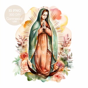 Nostra Signora di Guadalupe, Clipart ad acquerello PNG,15 JPG di alta qualità,Download digitale,Creazione di cartoline, Supporti misti, Mestiere con carta digitale/ 9