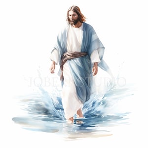 Jezus Christus clipart bundel 15 hoge kwaliteit PNG, aquarel Jezus op zee, afdrukbare stickers, digitale download, kaart maken, gemengde media | 338