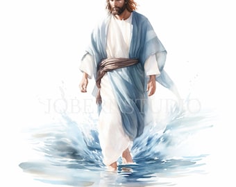 May include: A watercolor painting of a man in a white robe with a blue outer garment walking on water. The water is splashing around him. The background is white.