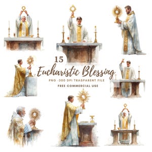 Priester im eucharistischen Segen Clipart PNG, Bündel 15 hohe Qualität, Aquarell eucharistische Monstranz, bedruckbare Aufkleber Goodnotes | 802