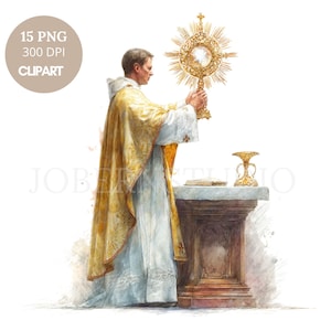 Priester im eucharistischen Segen Clipart PNG, Bündel 15 hohe Qualität, Aquarell eucharistische Monstranz, bedruckbare Aufkleber Goodnotes | 802