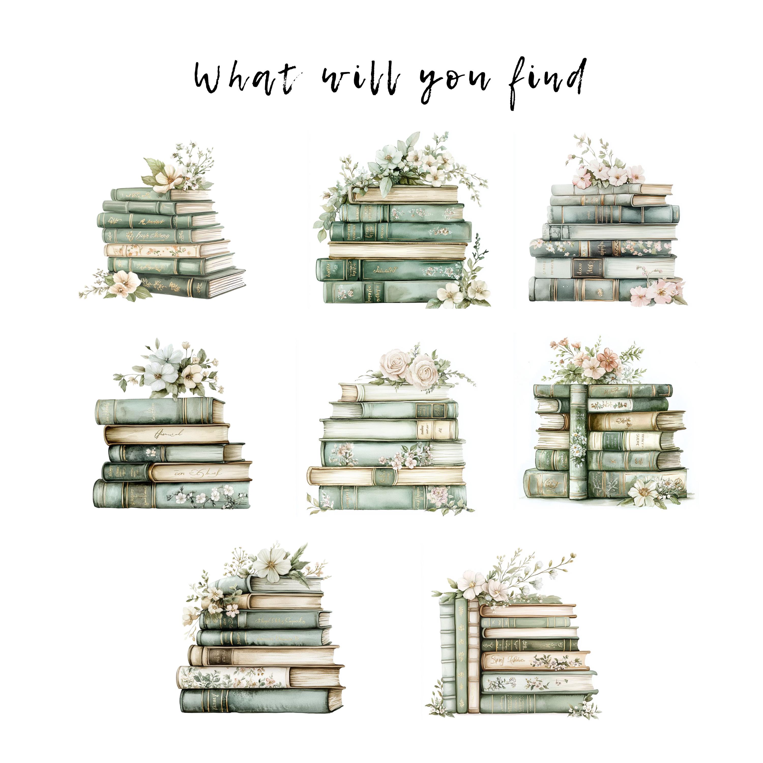 Floral Book Clipart Bundle 8 High Quality Png,watercolor Green Books ...