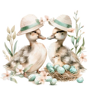Puede incluir: Dos patos de acuarela con sombreros de paja con cintas verdes, mirándose. El pato de la derecha está sentado en un nido con un pequeño patito y huevos azules. Los patos están rodeados de hojas verdes y flores rosas.