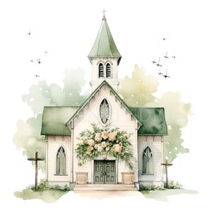Église verte Clipart PNG, lot de 12 haute qualité, mariage à l'église aquarelle, téléchargement numérique, fabrication de cartes, papier numérique, autocollant imprimable | 401