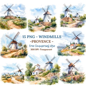 Moulins à vent Provence Clipart PNG, Bundle 15 JPG de haute qualité, Téléchargement numérique, Autocollants imprimables, Fabrication de cartes, Médias mixtes, Artisanat en papier numérique|77