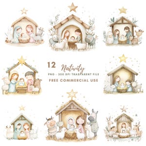 Paquete de 12 imágenes prediseñadas de la Natividad, PNG de alta calidad, Sagrada Familia de la Natividad en acuarela, Jesucristo, María y José, pegatinas imprimibles Goodnotes /607