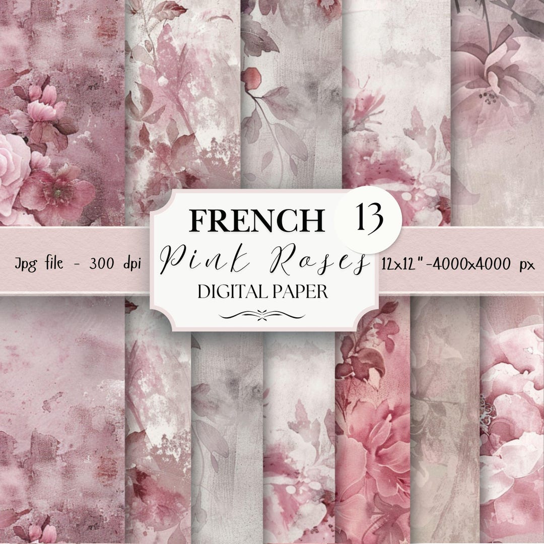Pink Roses Flower Digital Paper Pack-13 Vintage Scrapbook Junk Journal ...