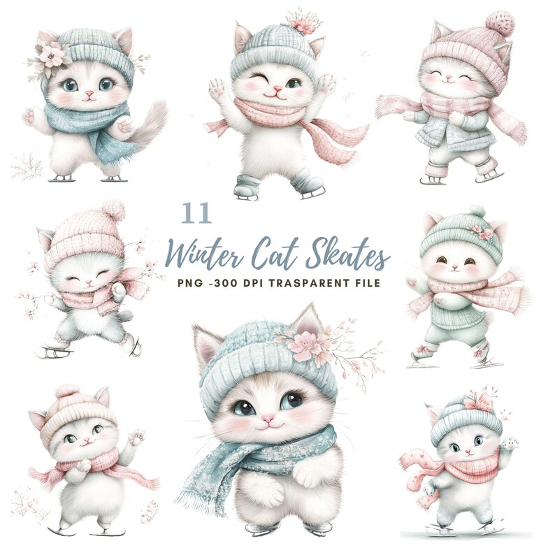 Winter Cat Clipart PNG Bundle 11 High Quality | Winter Skater Cute Cat ...