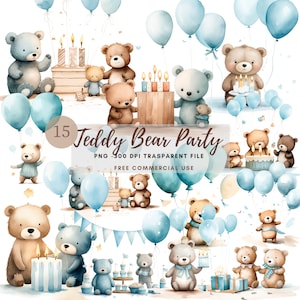 Teddy Bear Party Watercolor Clipart PNG,Bundle 15 High Quality JPGs,Digital Download,Card Making,Mixed Media, Digital Paper Craft| 59
