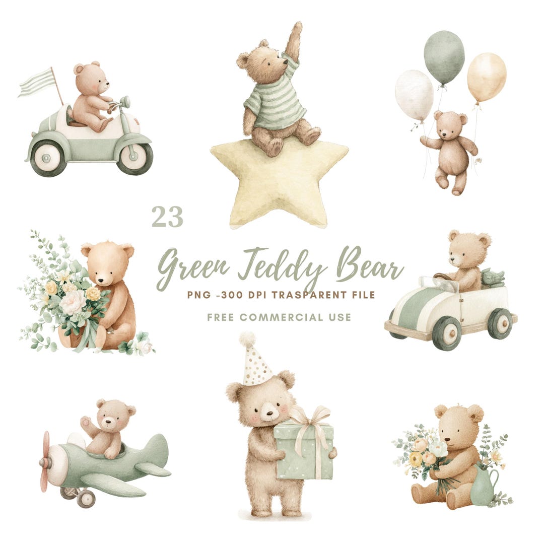 Green Teddy Bear Nursery Clipart PNG Bundle 23 High Quality| Watercolor ...
