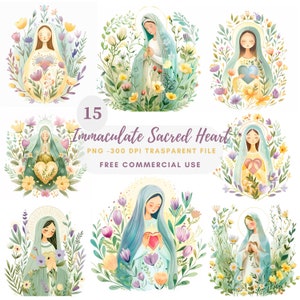Clipart del Sacro Cuore Immacolato, bundle 15 di alta qualità, acquerello di Santa Maria, download digitale, creazione di cartoline, supporti misti, artigianato in carta digitale/248