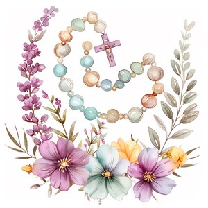 Pacchetto di clipart rosario fiore 20 PNG di alta qualità, acquerello croce, adesivo, download digitale, creazione di cartoline, supporti misti, artigianato in carta digitale/ 242