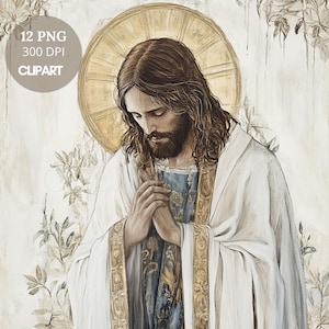 Paquete de 15 imágenes prediseñadas de Jesucristo de alta calidad, PNG/Acuarela vintage, Jesús orando, pegatinas imprimibles, Goodnotes, descarga digital, 793