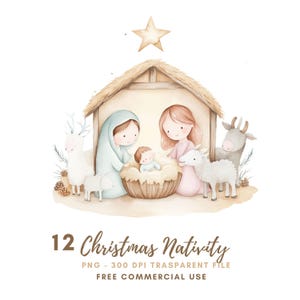 Kerststal clipartbundel 12 hoge kwaliteit png, aquarel kerststal heilige familie, Jezus Christus, Maria en Jozef, afdrukbare stickers Goodnotes | 607