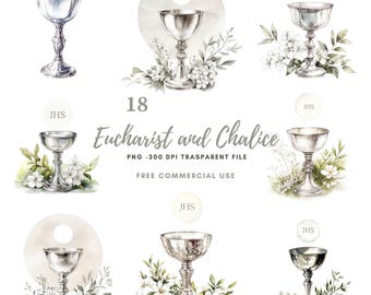 First Communion Clipart PNG,Bundle 18 High Quality,Watercolor Jesus Eucharist and Chalice,Printable Stickers Goodnotes, Digital Download|811