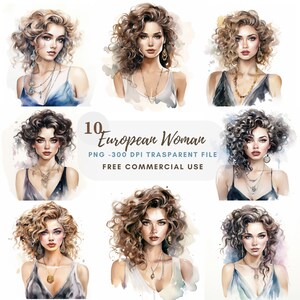 Europäische Frau Clipart PNG Bundle 10 hohe Qualität, Aquarell Mädchen digitaler Download, Kartenherstellung, digitales Papierhandwerk, druckbare Aufkleber | 193
