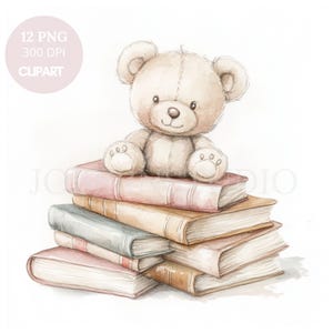 Teddy Bear and Book | Watercolor Nursery 12 Clipart PNG High Quality | Printable Stickers Goodnotes| Digital Download| 791