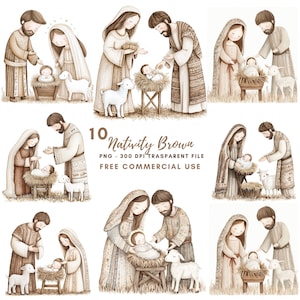 Kerststal clipartbundel 10 hoge kwaliteit png, aquarel kerststal heilige familie, Jezus Christus, Maria en Jozef, afdrukbare stickers Goodnotes | 644