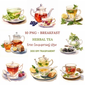 Clipart de chá de café da manhã PNG, pacote 10 JPG de alta qualidade, download digital de aquarela de chá de ervas, fabricação de cartões, artesanato em papel digital |