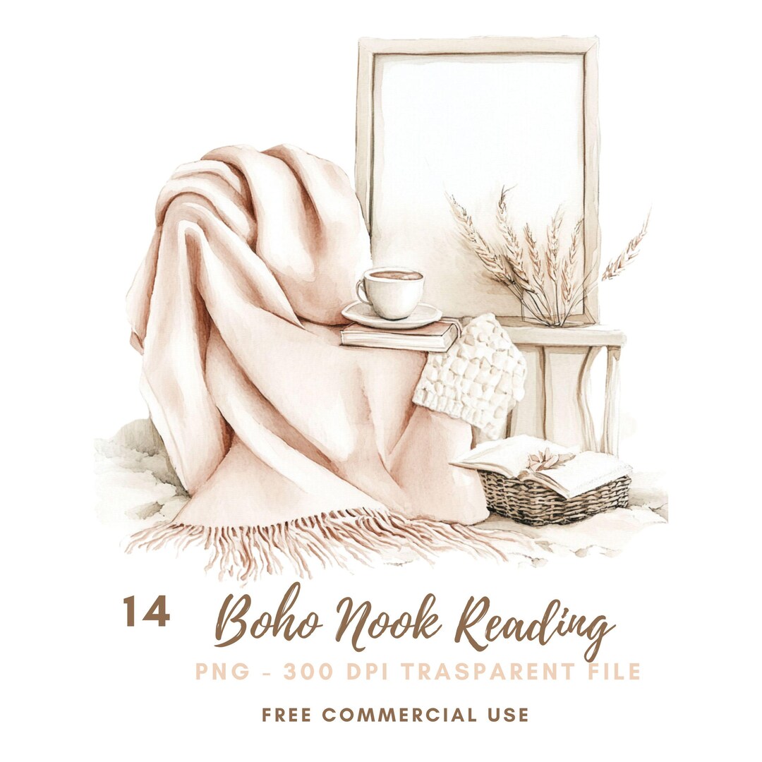Reading Nook Book Clipart, Bundle 14 High Quality Png,watercolor Boho ...