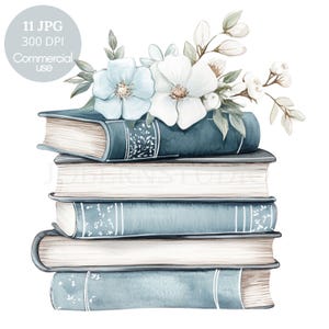 May include: A stack of five blue and white books with a bouquet of white and blue flowers on top. The books have a vintage look and are arranged in a pile.