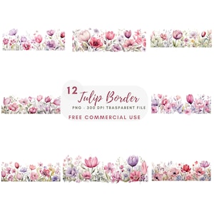 Tulips Flower Border Clipart Bundle 12 High Quality PNG, Watercolor Floral Garland, Digital Download,Card Making,Digital Paper Craft| 468
