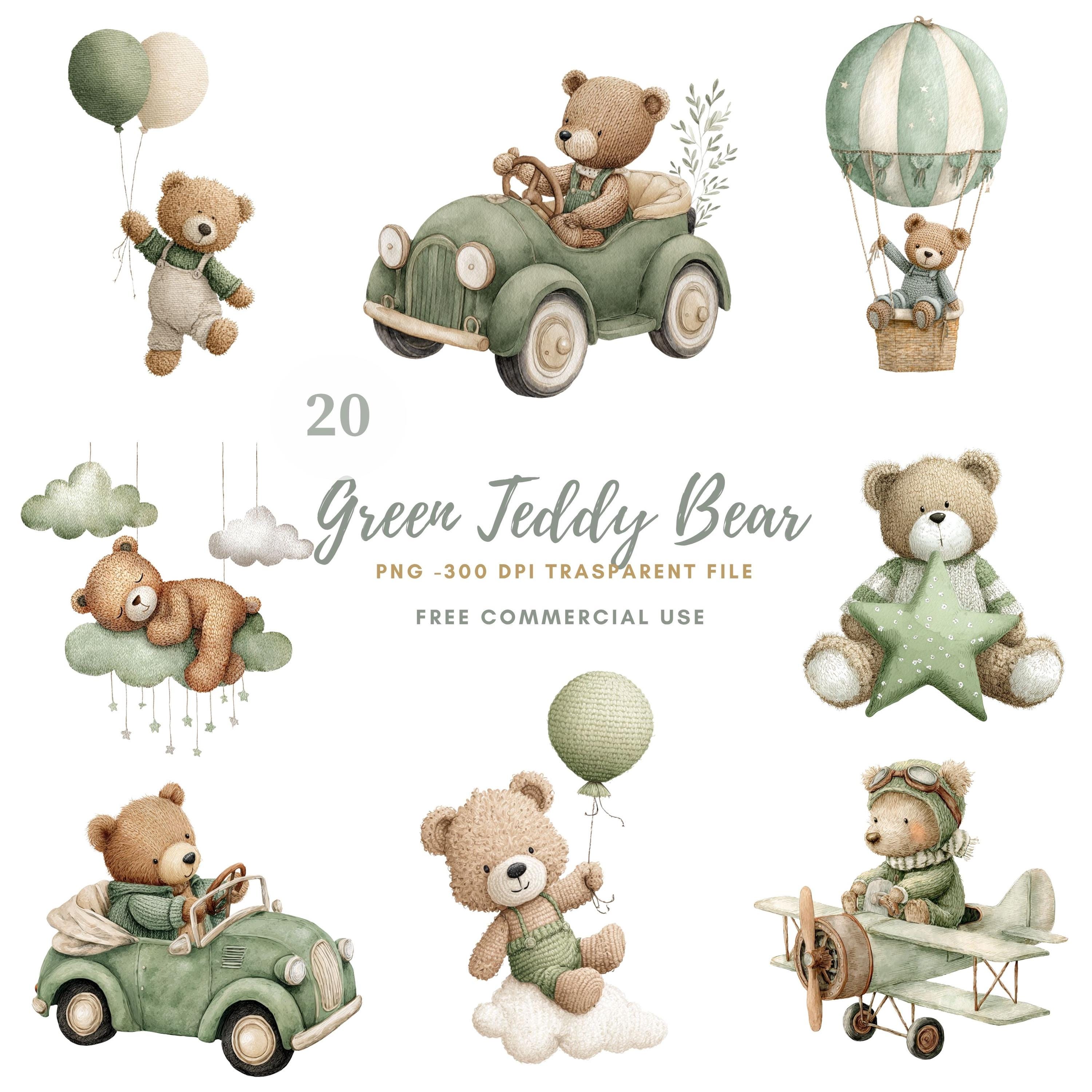 Green Teddy Bear Nursery Clipart PNG Bundle 20 High Quality| Watercolor ...
