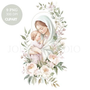 Clipart del fiore della Vergine Maria, pacchetto di 9 PNG di alta qualità, Vergine Maria e Gesù, adesivi stampabili Goodnotes, download digitale/774