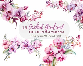 Orchid Garland Clipart Bundle 15 High Quality PNG,Watercolor Floral Border, Stickers,Digital Download,Card Making,Digital Paper Craft|146